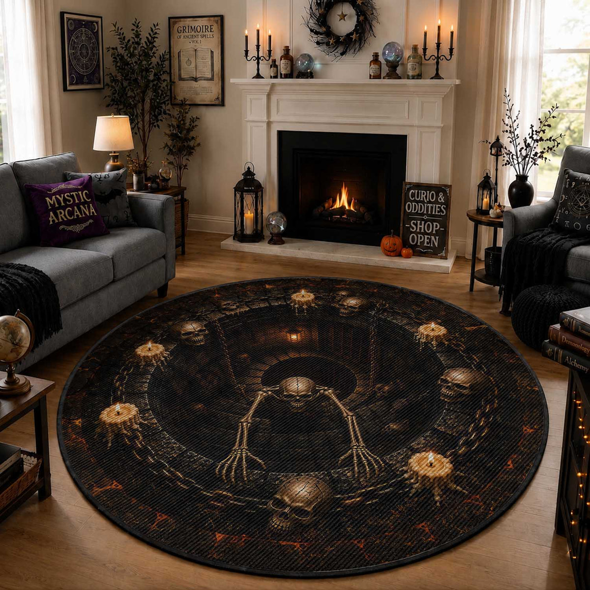 Spooky Halloween Skeleton Dungeon Pit 3D Optical Illusion Round Rug Candles Gothic Horror Graphic