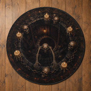 Spooky Halloween Skeleton Dungeon Pit 3D Optical Illusion Round Rug Candles Gothic Horror Graphic