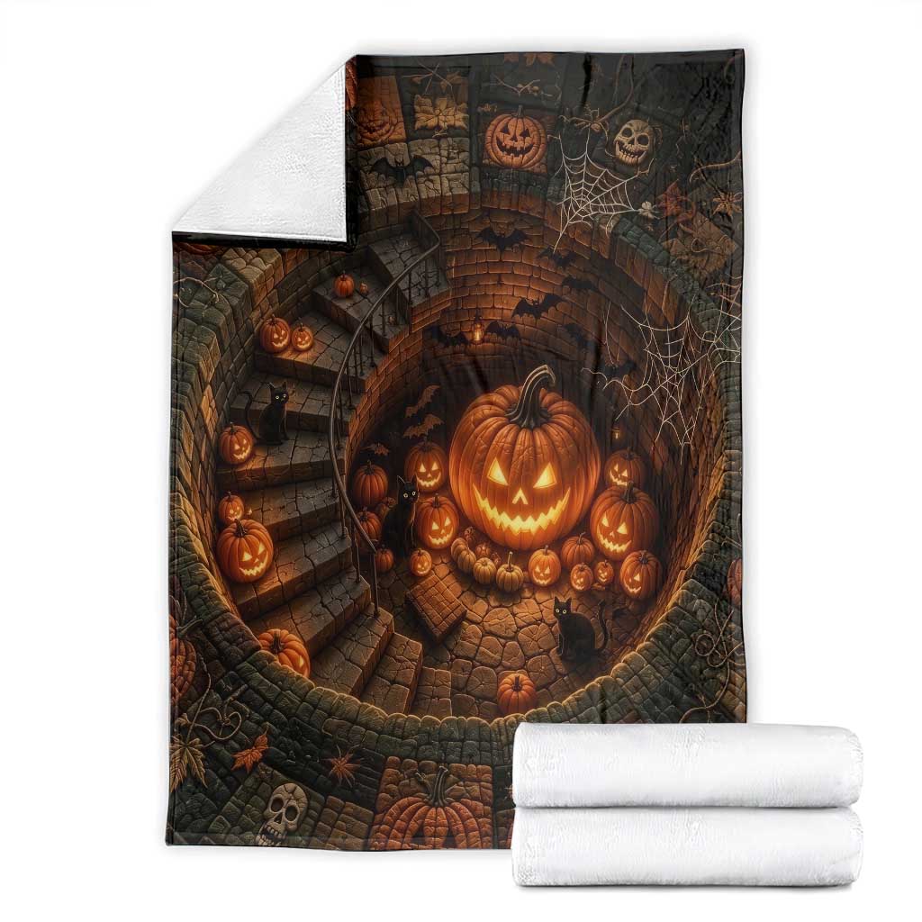 Haunted Pumpkin Cellar 3D Halloween Optical Illusion Throw Blanket Glowing Jack O Lantern Spiral Staircase Graphic