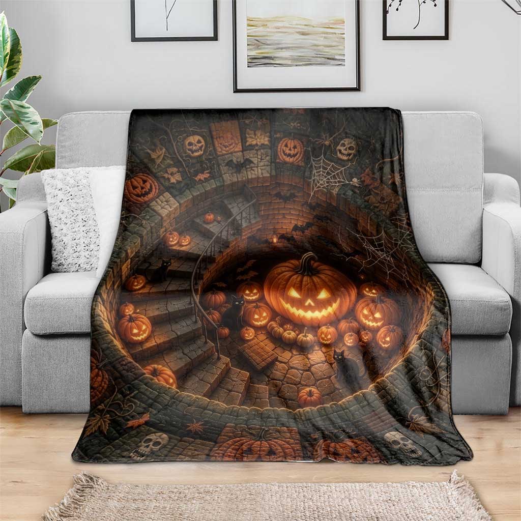 Haunted Pumpkin Cellar 3D Halloween Optical Illusion Throw Blanket Glowing Jack O Lantern Spiral Staircase Graphic