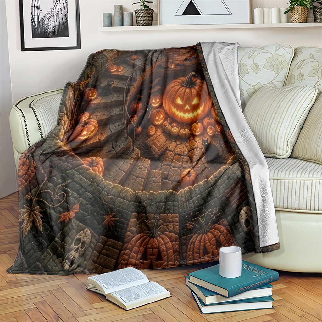 Haunted Pumpkin Cellar 3D Halloween Optical Illusion Throw Blanket Glowing Jack O Lantern Spiral Staircase Graphic