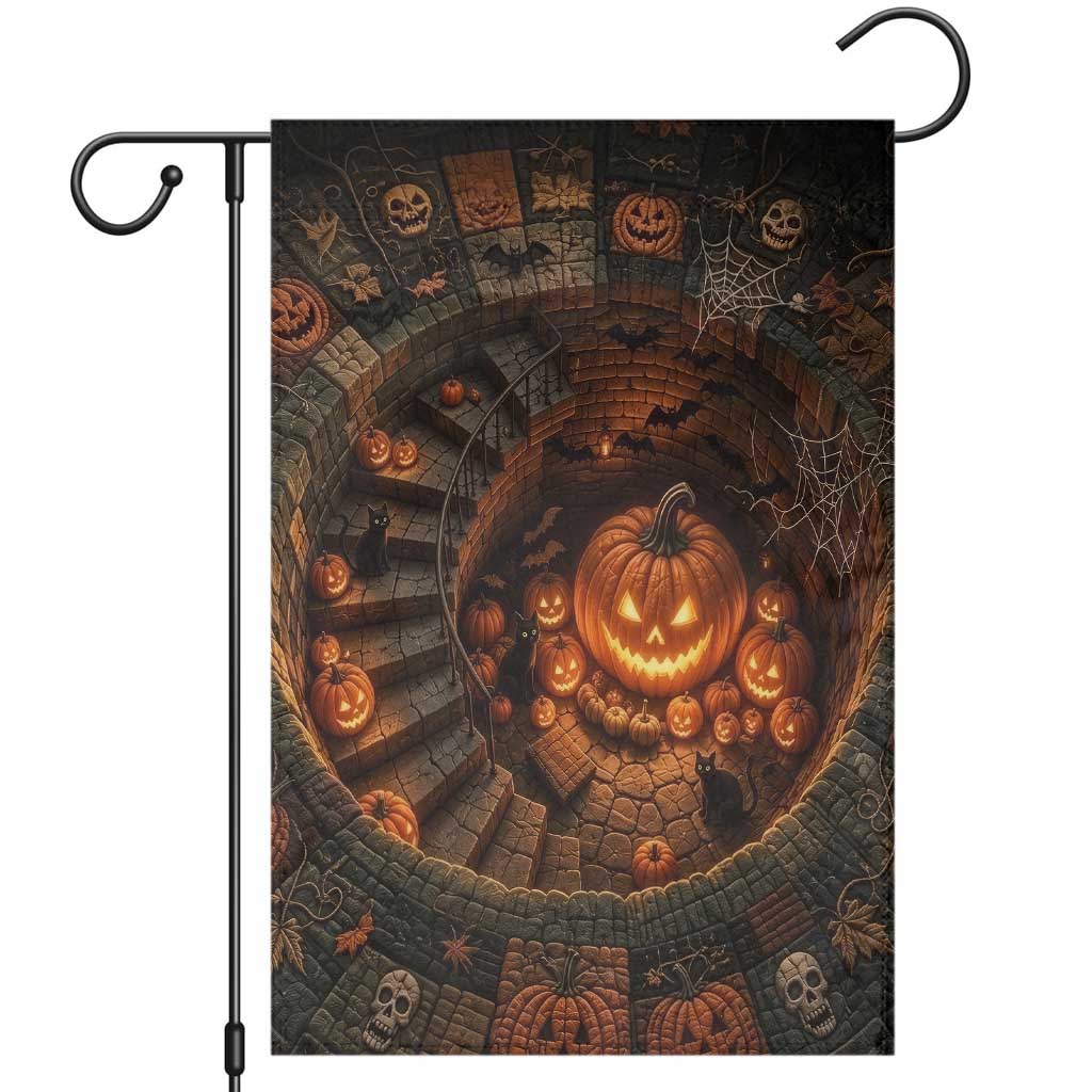Haunted Pumpkin Cellar 3D Halloween Optical Illusion Garden Flag Glowing Jack O Lantern Spiral Staircase Graphic