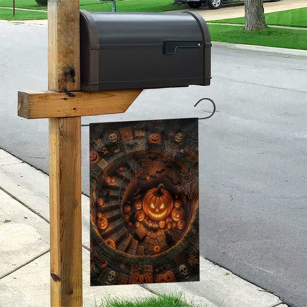 Haunted Pumpkin Cellar 3D Halloween Optical Illusion Garden Flag Glowing Jack O Lantern Spiral Staircase Graphic