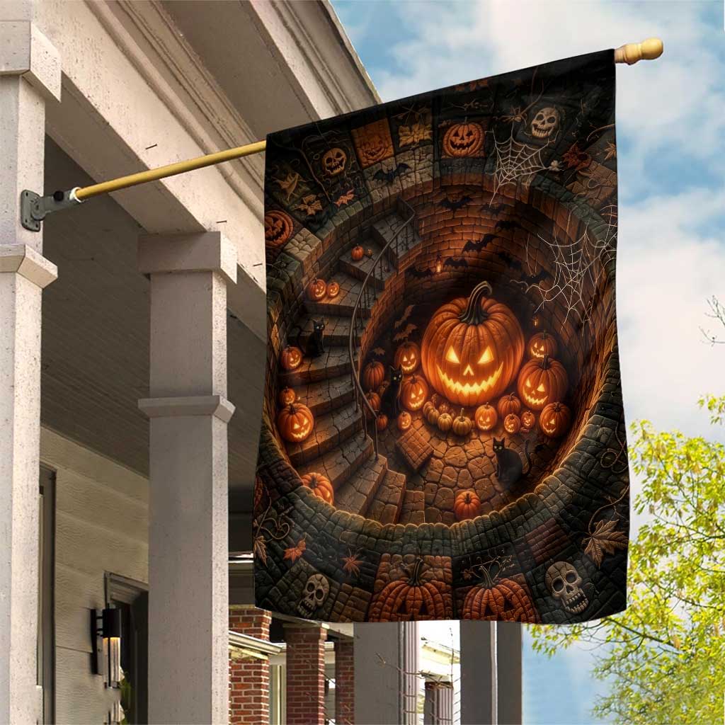 Haunted Pumpkin Cellar 3D Halloween Optical Illusion Garden Flag Glowing Jack O Lantern Spiral Staircase Graphic