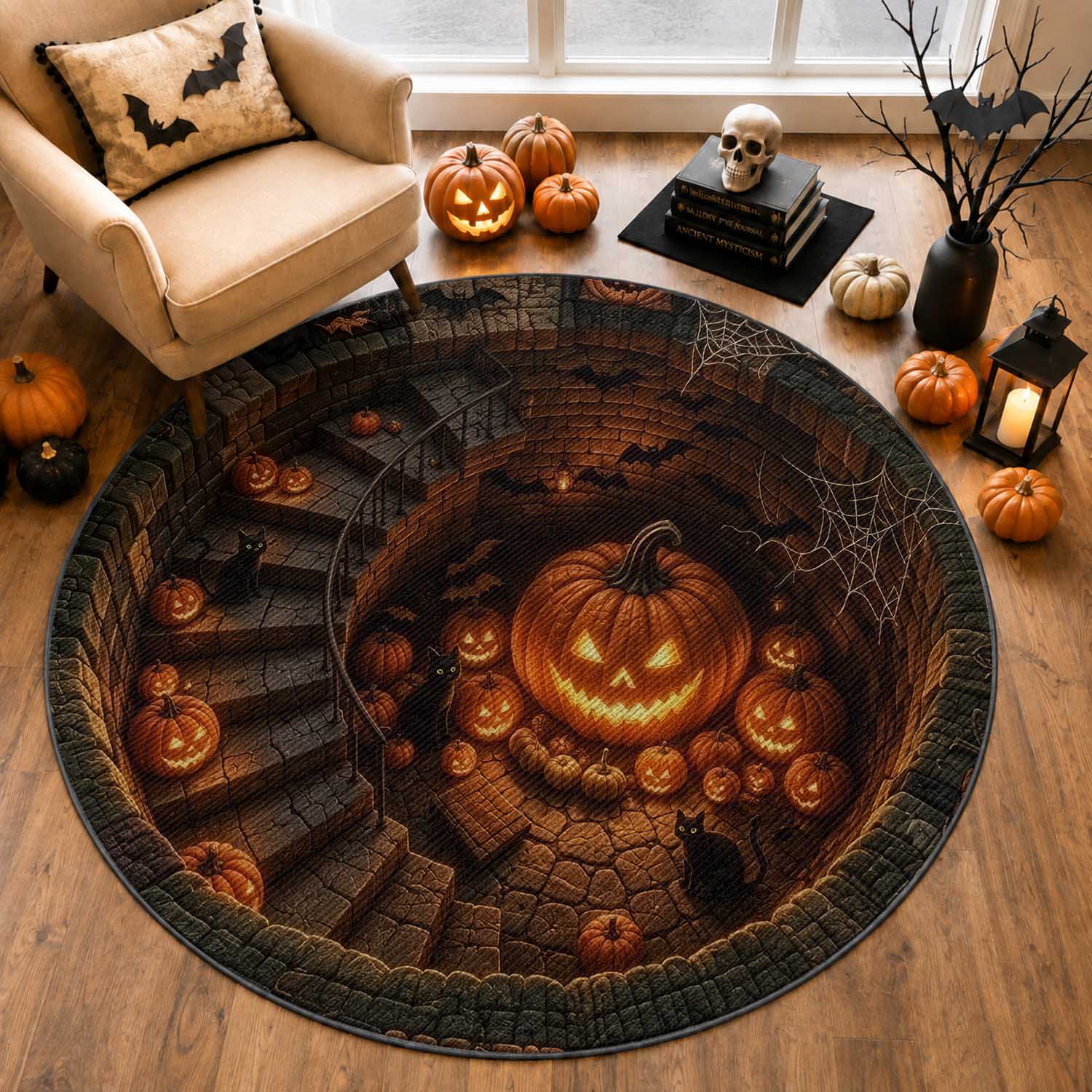 Haunted Pumpkin Cellar 3D Halloween Optical Illusion Round Rug Glowing Jack O Lantern Spiral Staircase Graphic
