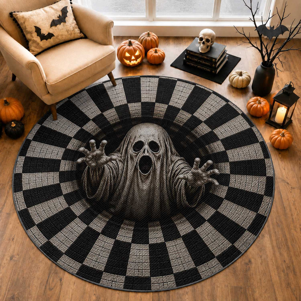 Spooky Screaming Ghost 3D Halloween Optical Illusion Round Rug Boo Sheet Checkerboard Vortex Graphic