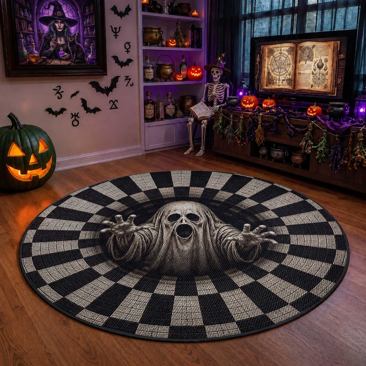 Spooky Screaming Ghost 3D Halloween Optical Illusion Round Rug Boo Sheet Checkerboard Vortex Graphic