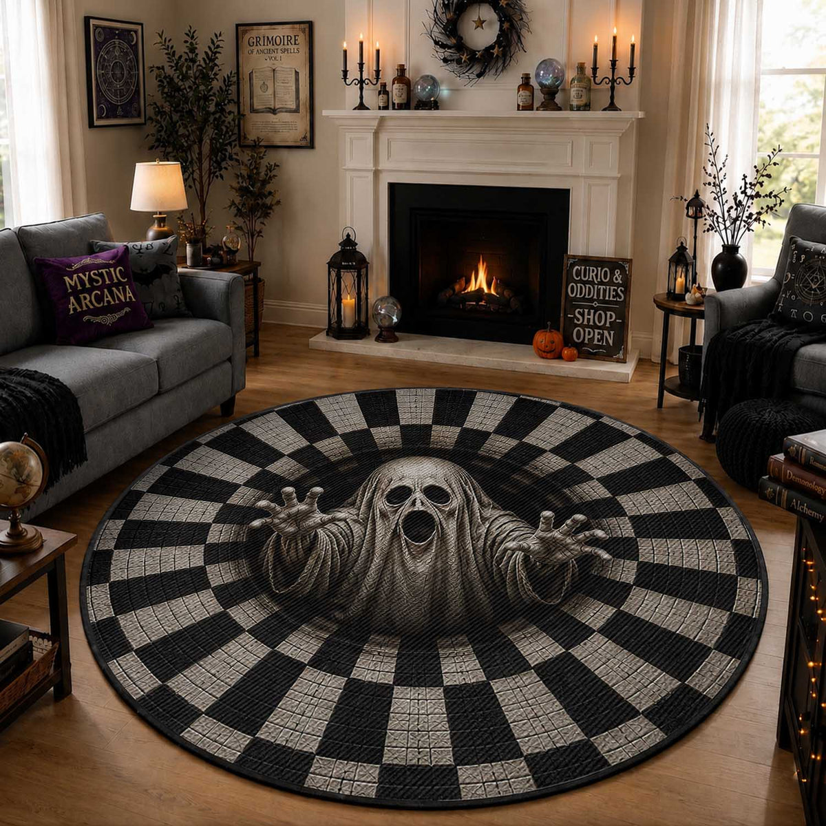 Spooky Screaming Ghost 3D Halloween Optical Illusion Round Rug Boo Sheet Checkerboard Vortex Graphic