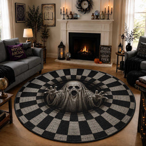 Spooky Screaming Ghost 3D Halloween Optical Illusion Round Rug Boo Sheet Checkerboard Vortex Graphic