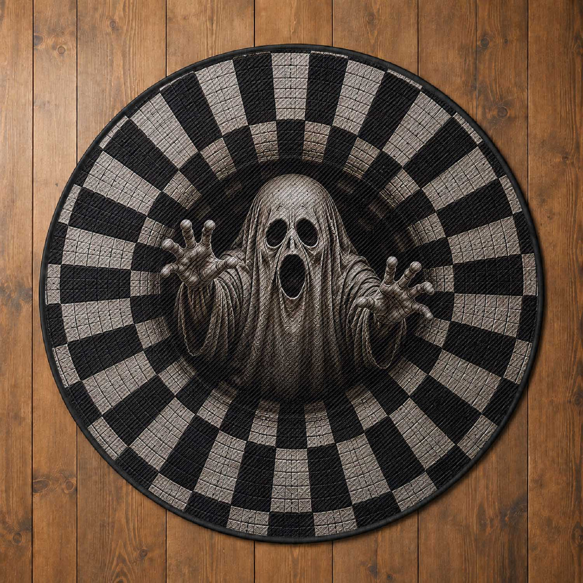 Spooky Screaming Ghost 3D Halloween Optical Illusion Round Rug Boo Sheet Checkerboard Vortex Graphic