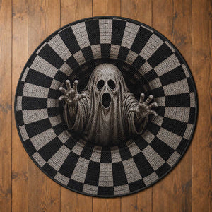 Spooky Screaming Ghost 3D Halloween Optical Illusion Round Rug Boo Sheet Checkerboard Vortex Graphic