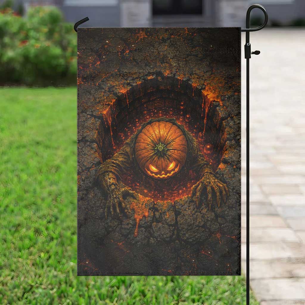 Spooky Pumpkin Monster Crawling Out 3D Halloween Optical Illusion Garden Flag Lava Pit Horror Graphic