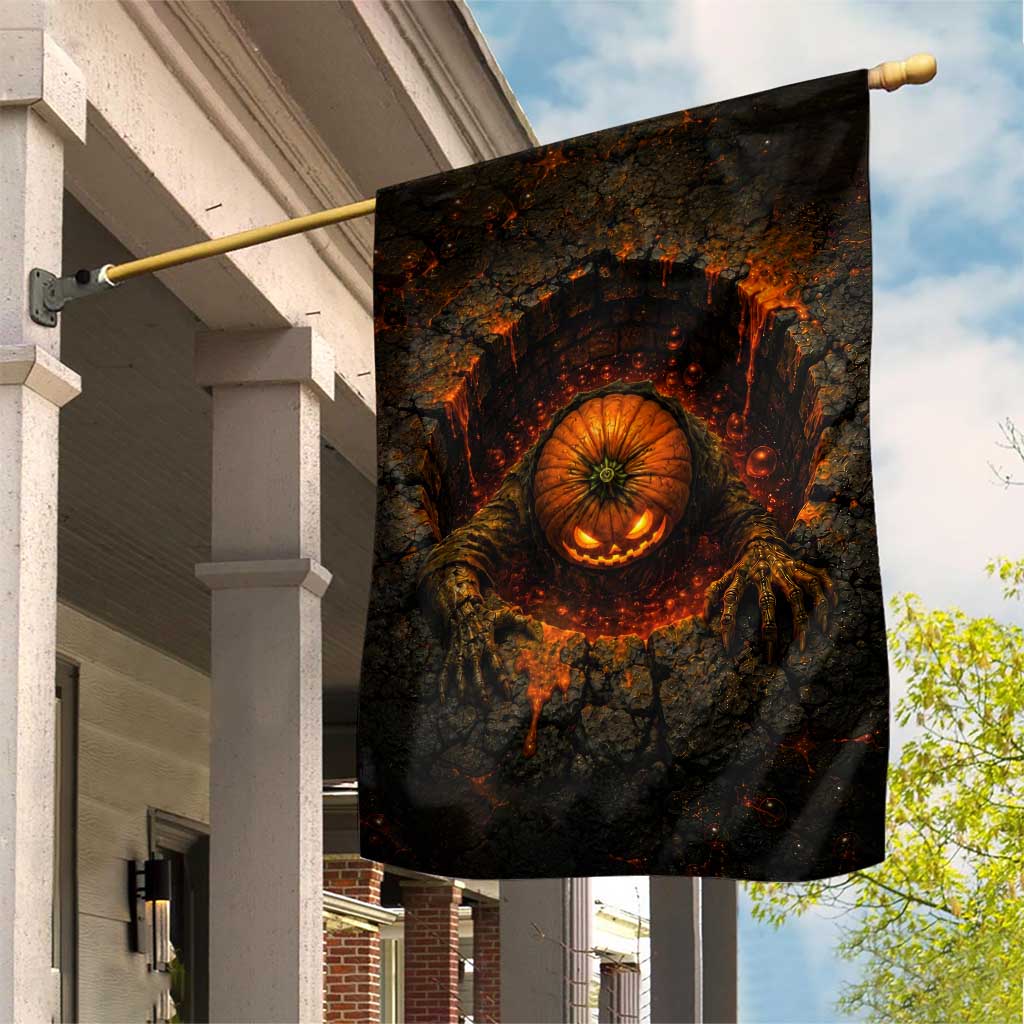 Spooky Pumpkin Monster Crawling Out 3D Halloween Optical Illusion Garden Flag Lava Pit Horror Graphic