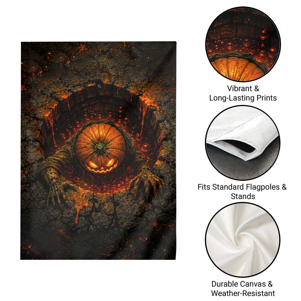 Spooky Pumpkin Monster Crawling Out 3D Halloween Optical Illusion Garden Flag Lava Pit Horror Graphic