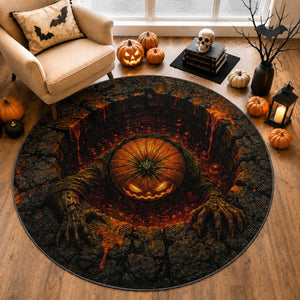Spooky Pumpkin Monster Crawling Out 3D Halloween Optical Illusion Round Rug Lava Pit Horror Graphic