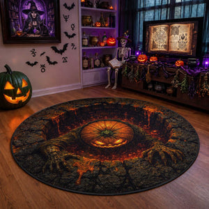 Spooky Pumpkin Monster Crawling Out 3D Halloween Optical Illusion Round Rug Lava Pit Horror Graphic