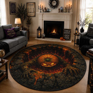 Spooky Pumpkin Monster Crawling Out 3D Halloween Optical Illusion Round Rug Lava Pit Horror Graphic