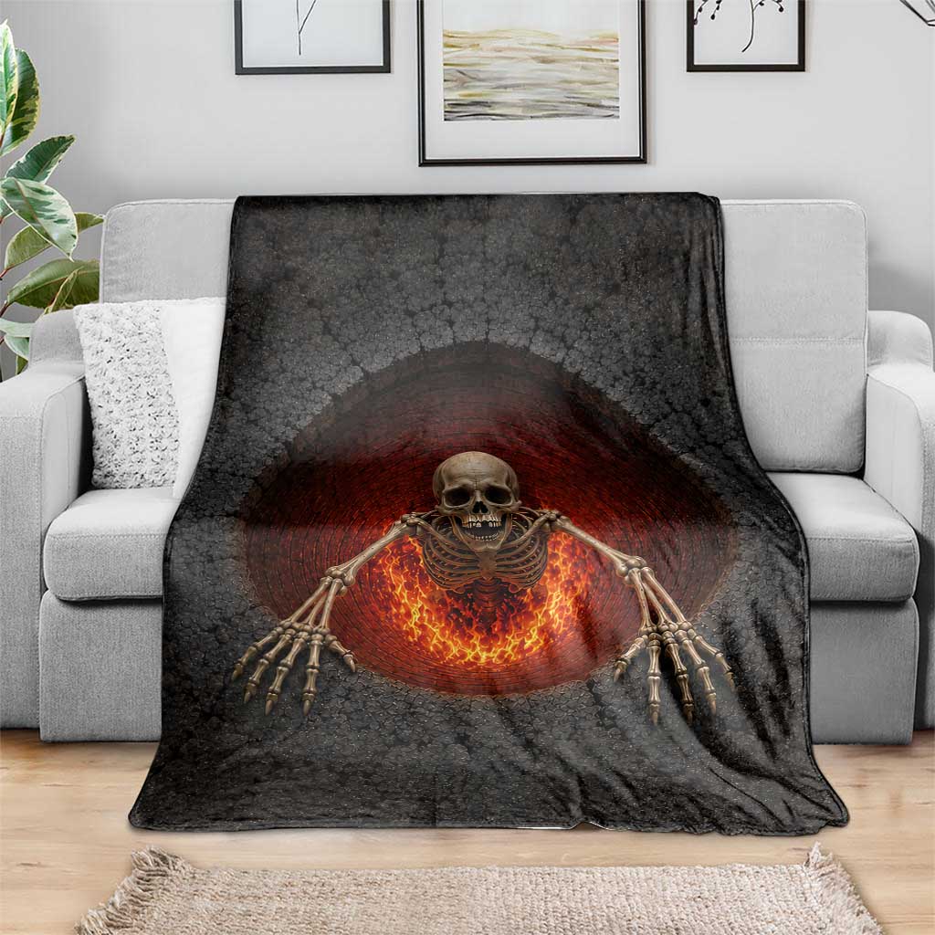 Spooky Fiery Skeleton Crawling Out 3D Optical Illusion Throw Blanket Pit Gothic Horror Halloween Graphic