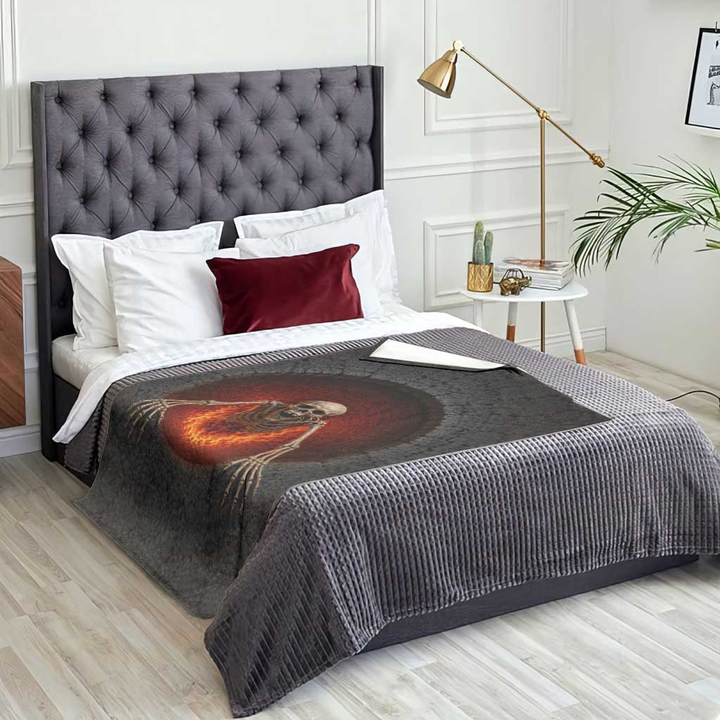 Spooky Fiery Skeleton Crawling Out 3D Optical Illusion Throw Blanket Pit Gothic Horror Halloween Graphic