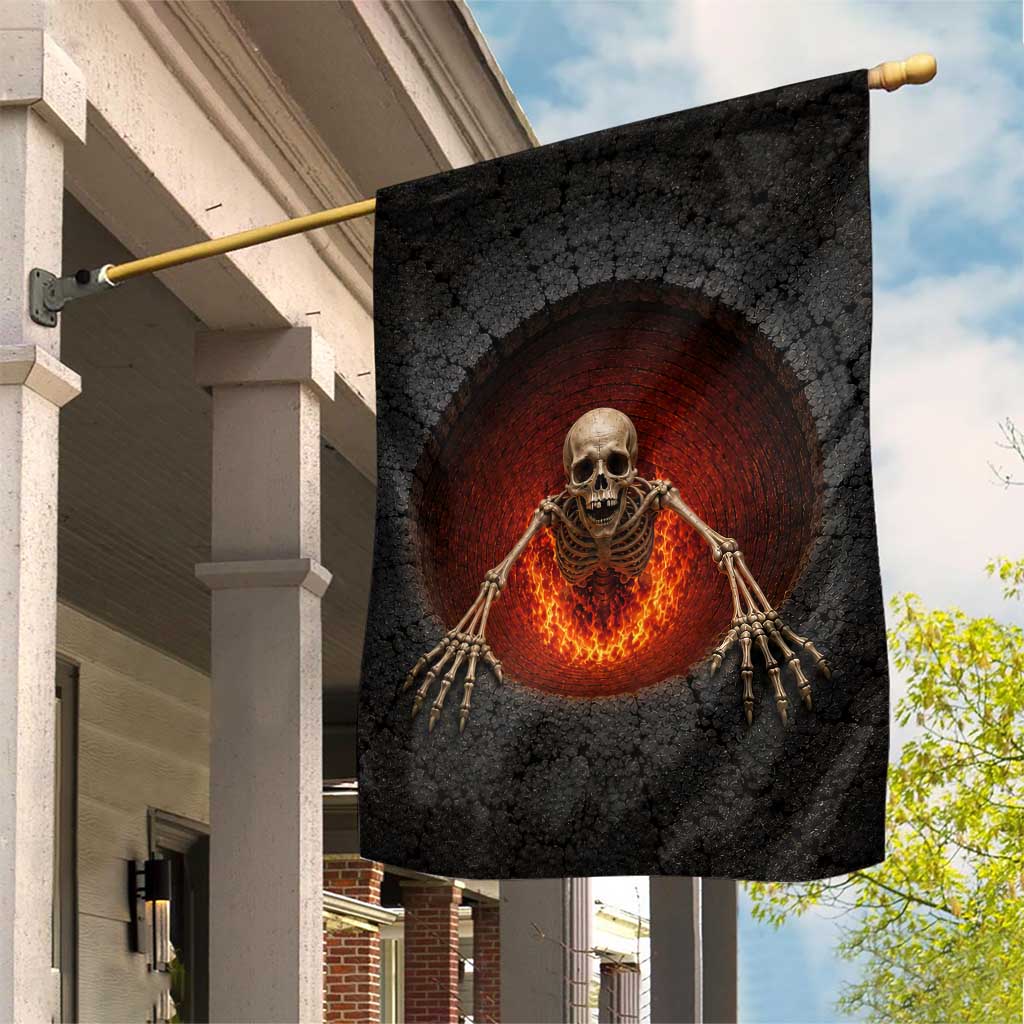 Spooky Fiery Skeleton Crawling Out 3D Optical Illusion Garden Flag Pit Gothic Horror Halloween Graphic