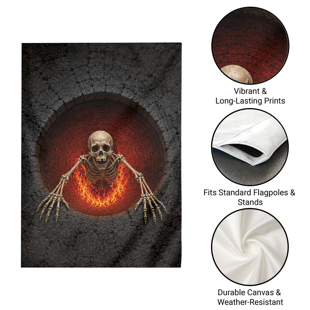 Spooky Fiery Skeleton Crawling Out 3D Optical Illusion Garden Flag Pit Gothic Horror Halloween Graphic