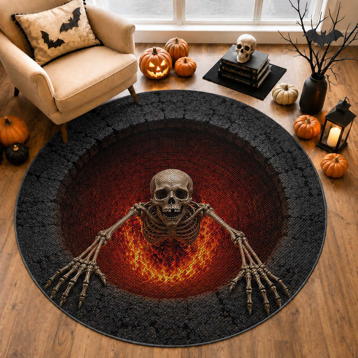 Spooky Fiery Skeleton Crawling Out 3D Optical Illusion Round Rug Pit Gothic Horror Halloween Graphic