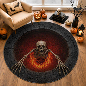 Spooky Fiery Skeleton Crawling Out 3D Optical Illusion Round Rug Pit Gothic Horror Halloween Graphic