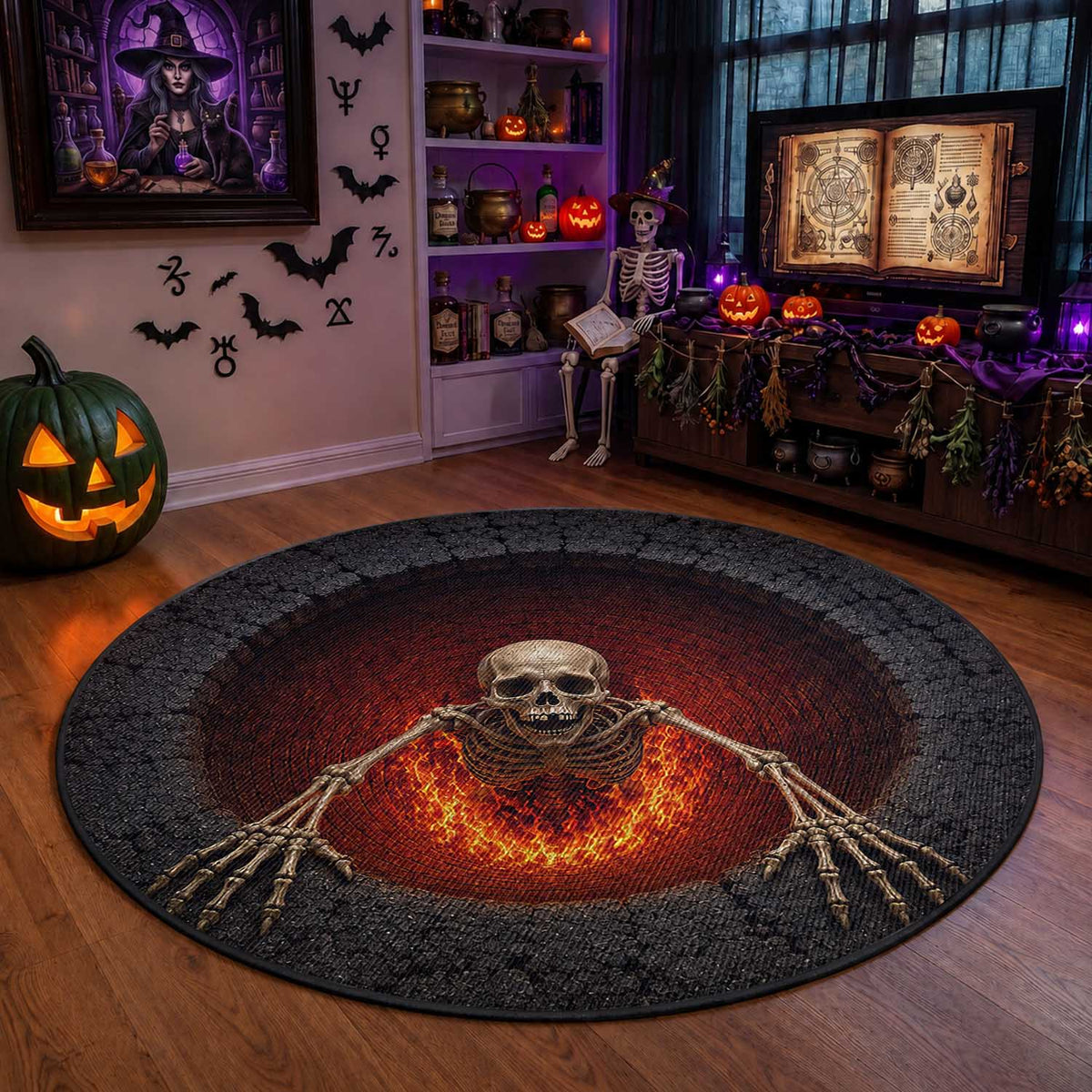 Spooky Fiery Skeleton Crawling Out 3D Optical Illusion Round Rug Pit Gothic Horror Halloween Graphic