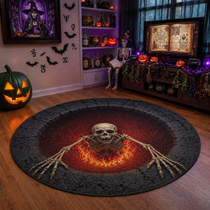 Spooky Fiery Skeleton Crawling Out 3D Optical Illusion Round Rug Pit Gothic Horror Halloween Graphic