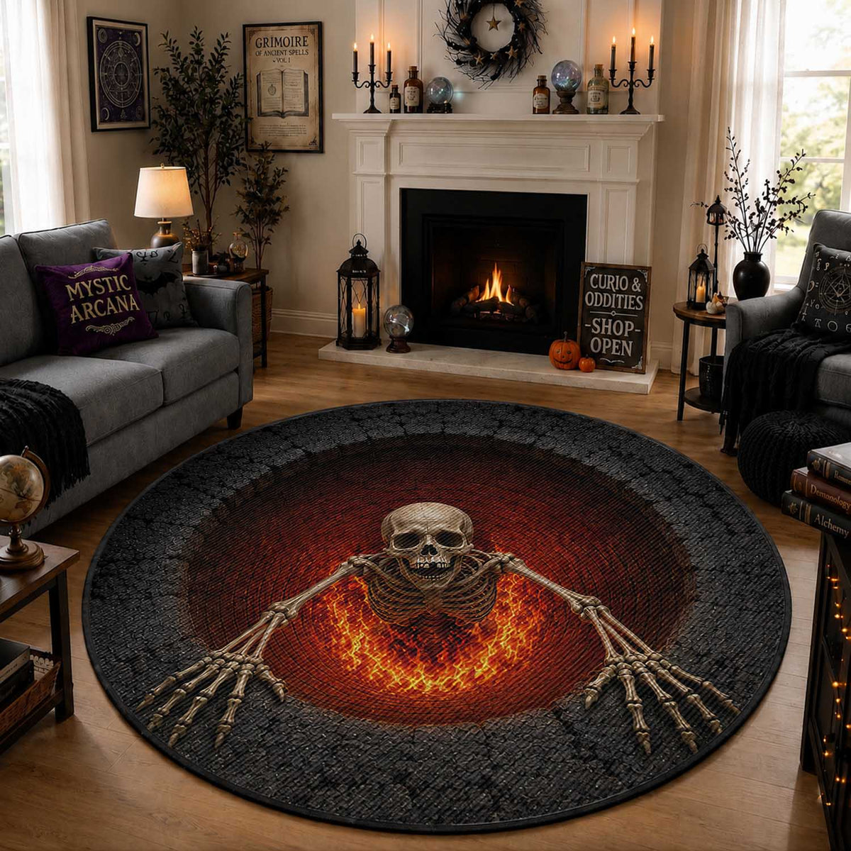 Spooky Fiery Skeleton Crawling Out 3D Optical Illusion Round Rug Pit Gothic Horror Halloween Graphic