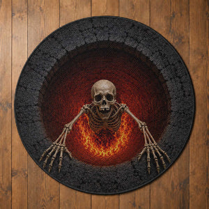 Spooky Fiery Skeleton Crawling Out 3D Optical Illusion Round Rug Pit Gothic Horror Halloween Graphic