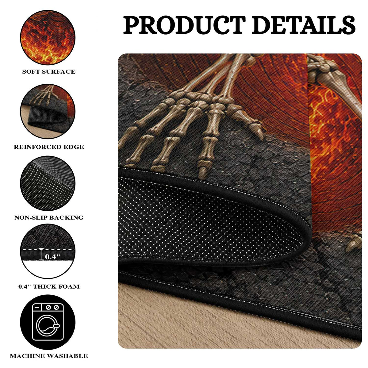 Spooky Fiery Skeleton Crawling Out 3D Optical Illusion Round Rug Pit Gothic Horror Halloween Graphic