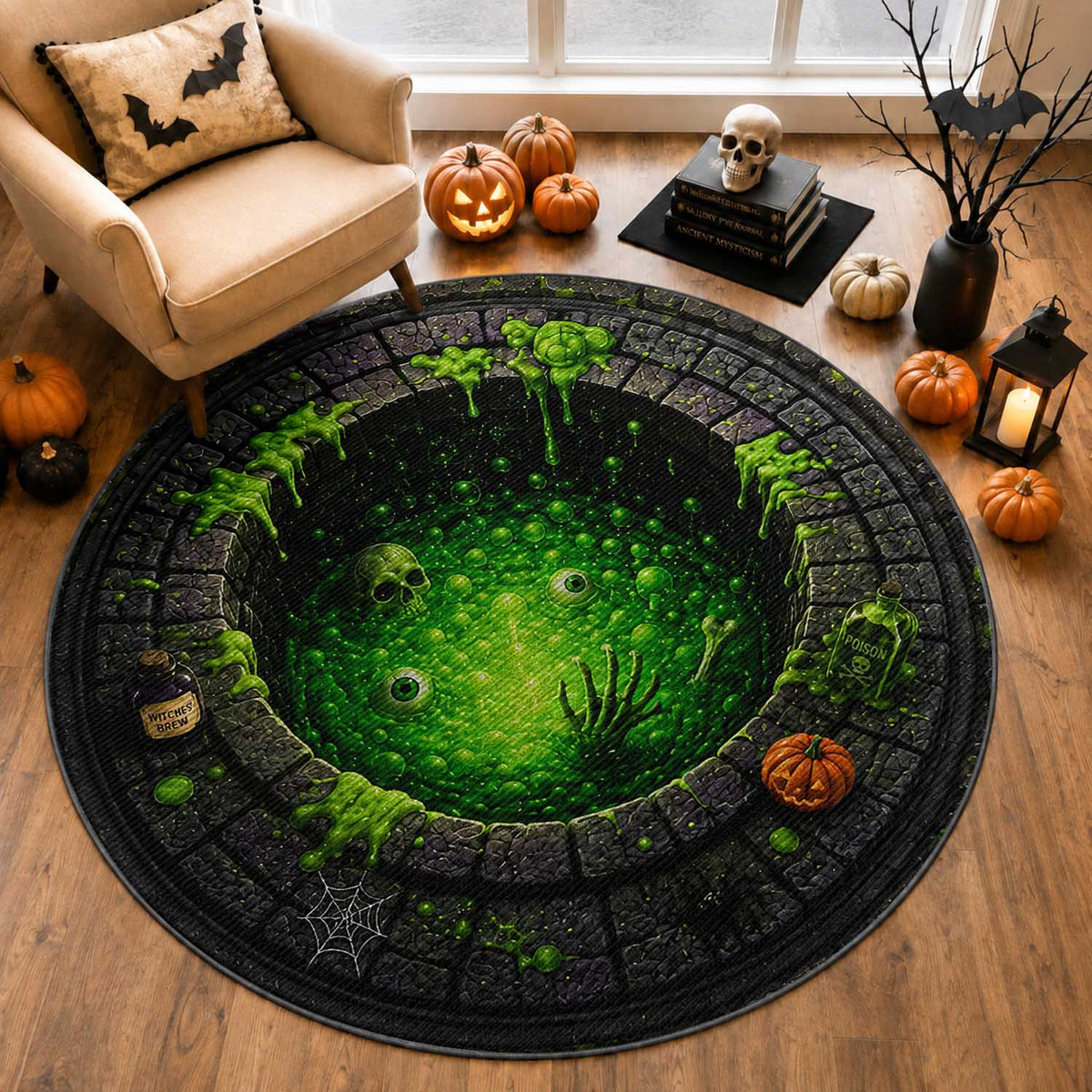Spooky Toxic Green Slime Witches Brew Pit 3D Halloween Optical Illusion Round Rug
