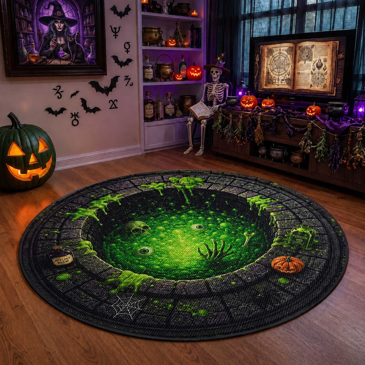 Spooky Toxic Green Slime Witches Brew Pit 3D Halloween Optical Illusion Round Rug