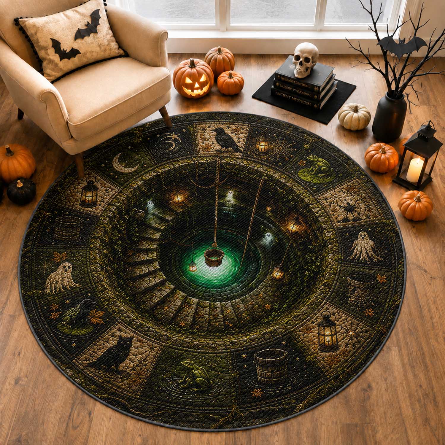 Spooky Halloween Enchanted Wishing Well 3D Halloween Optical Illusion Round Rug Witchy Dark Fantasy Graphic