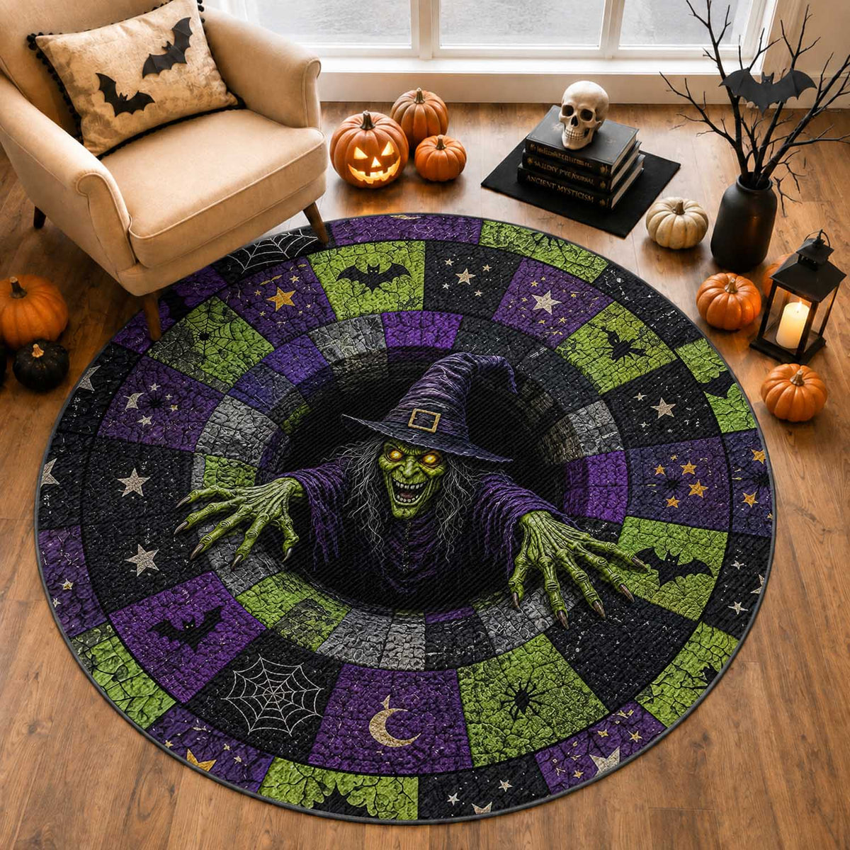 Wicked Witch Mosaic Vortex Pit 3D Halloween Optical Illusion Round Rug Dark Gothic Horror Graphic