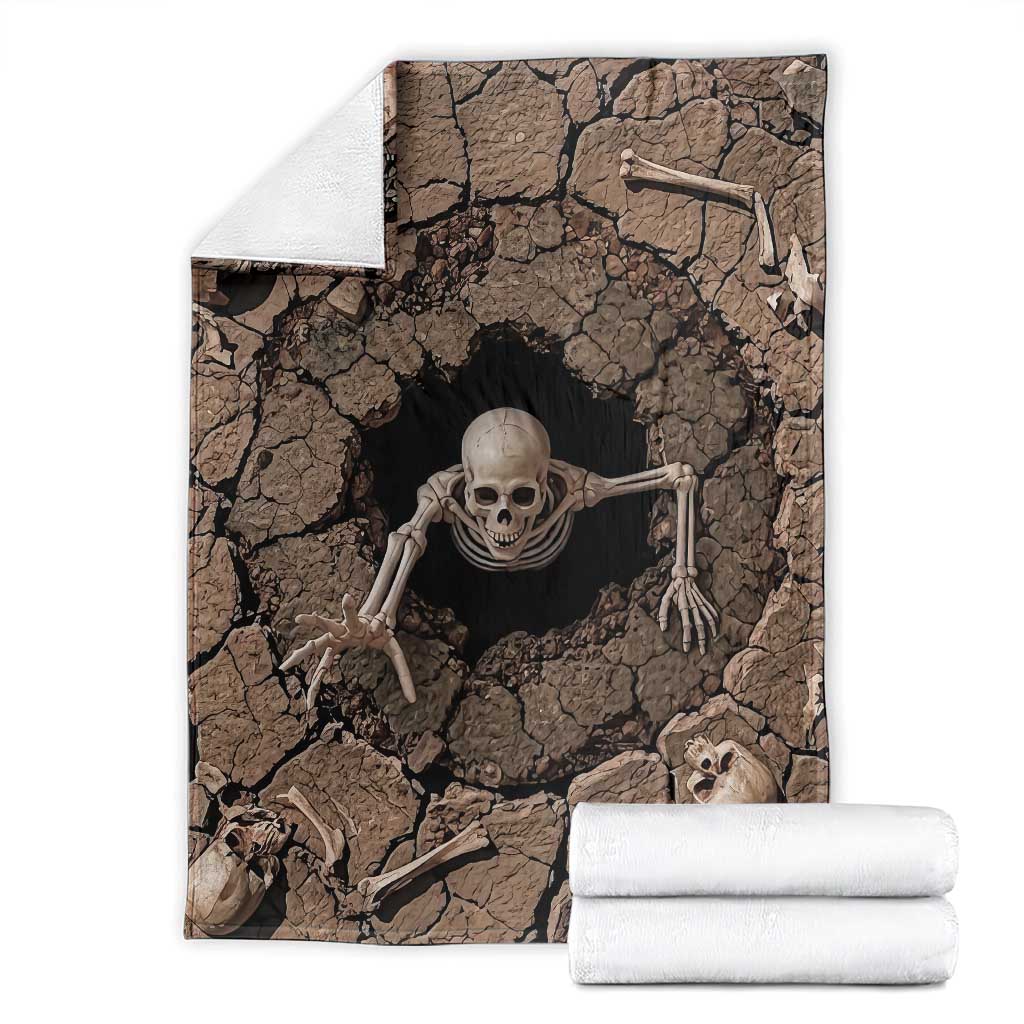 Skeleton Emerging From Cracked Earth Pit 3D Optical Illusion Throw Blanket Spooky Halloween Gothic Horror Graphic