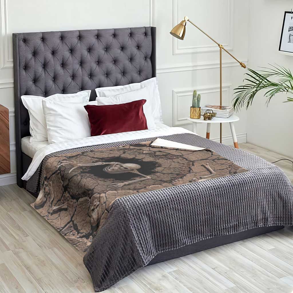 Skeleton Emerging From Cracked Earth Pit 3D Optical Illusion Throw Blanket Spooky Halloween Gothic Horror Graphic