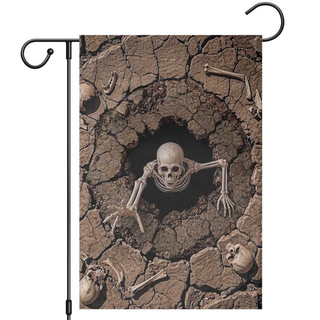 Skeleton Emerging From Cracked Earth Pit 3D Optical Illusion Garden Flag Spooky Halloween Gothic Horror Graphic