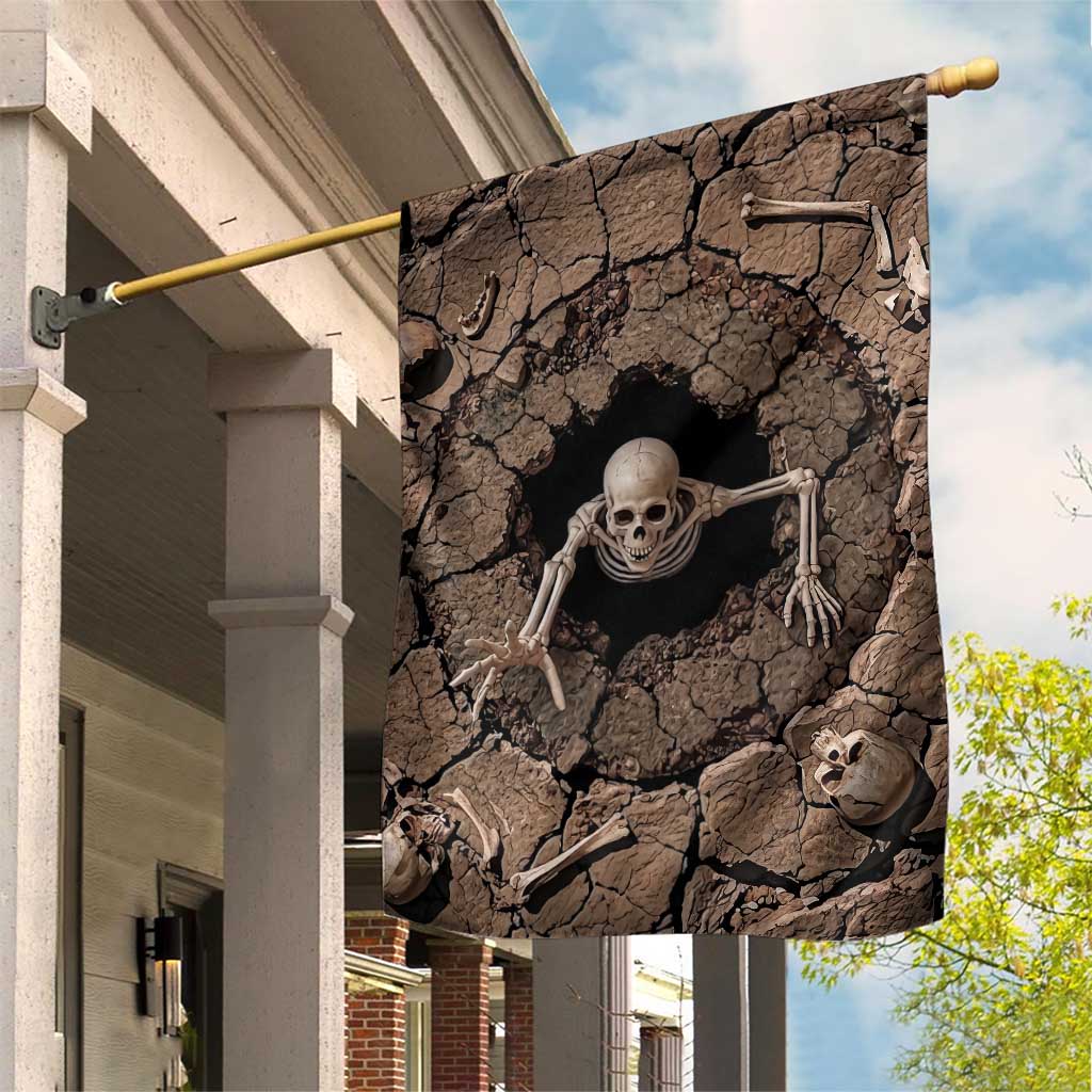 Skeleton Emerging From Cracked Earth Pit 3D Optical Illusion Garden Flag Spooky Halloween Gothic Horror Graphic