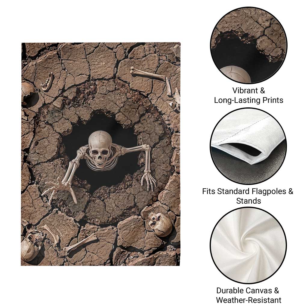 Skeleton Emerging From Cracked Earth Pit 3D Optical Illusion Garden Flag Spooky Halloween Gothic Horror Graphic