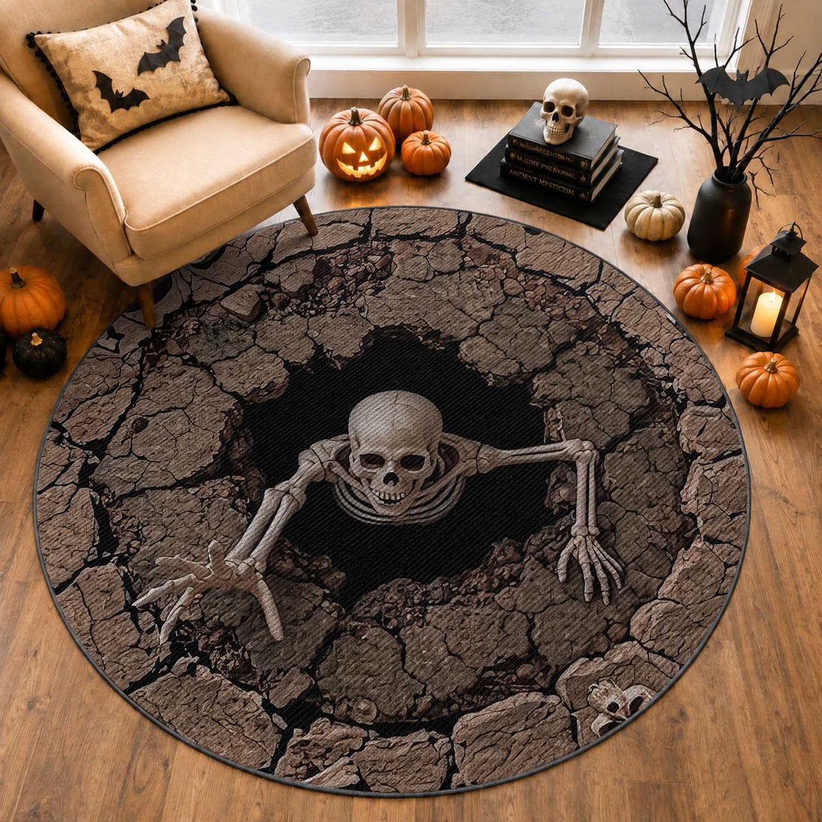 Skeleton Emerging From Cracked Earth Pit 3D Optical Illusion Round Rug Spooky Halloween Gothic Horror Graphic