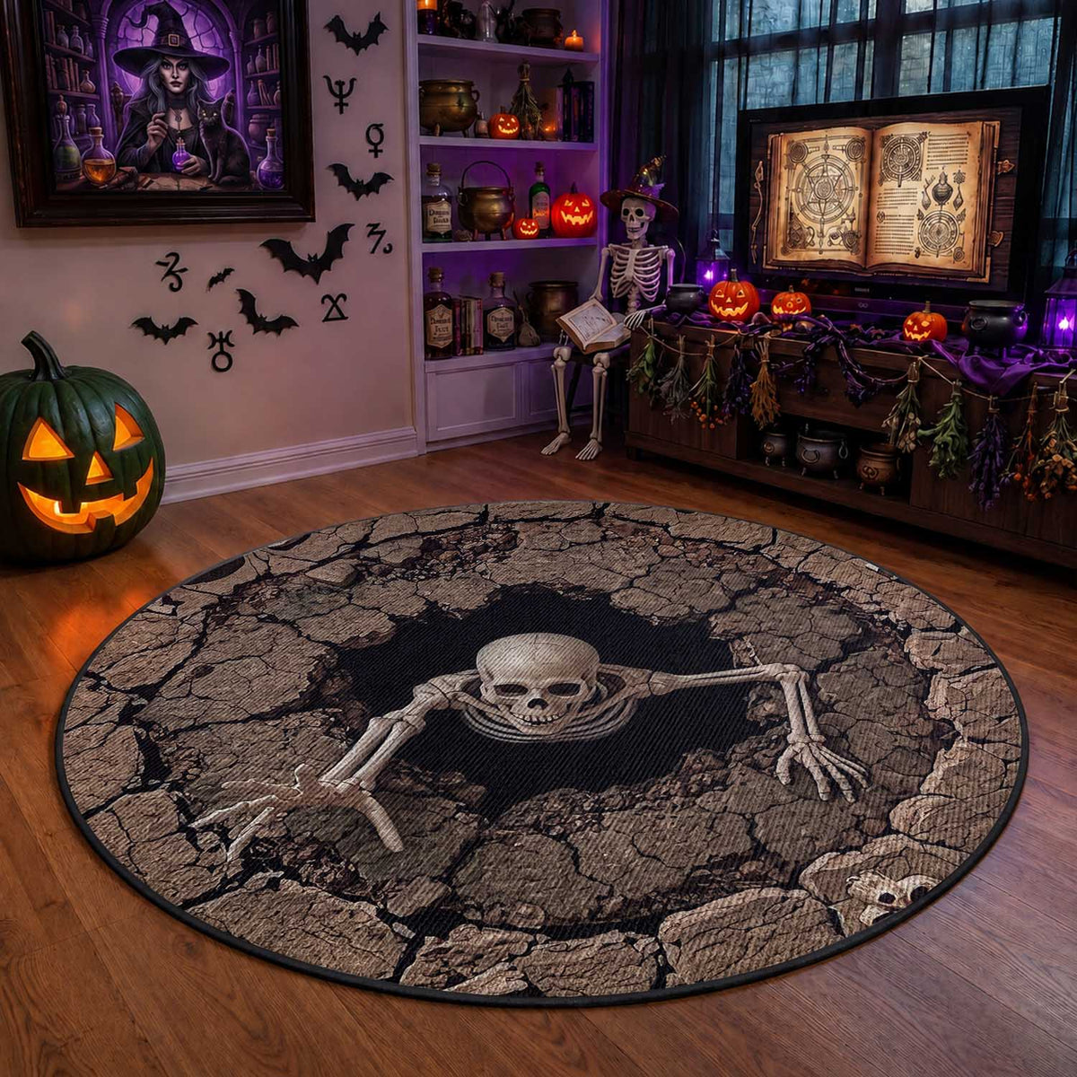 Skeleton Emerging From Cracked Earth Pit 3D Optical Illusion Round Rug Spooky Halloween Gothic Horror Graphic