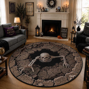 Skeleton Emerging From Cracked Earth Pit 3D Optical Illusion Round Rug Spooky Halloween Gothic Horror Graphic