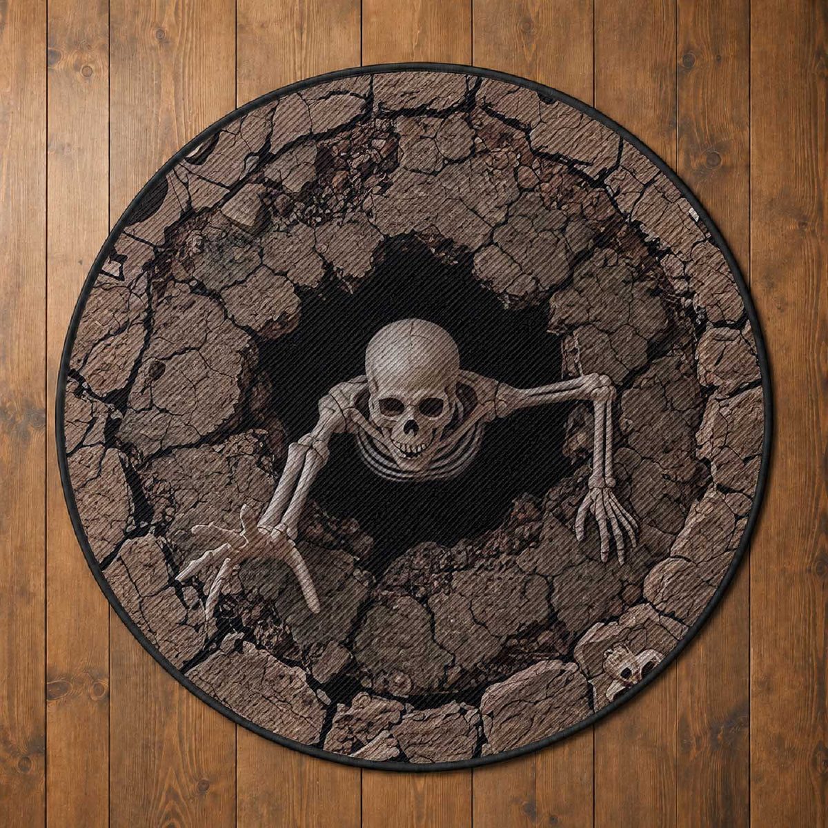 Skeleton Emerging From Cracked Earth Pit 3D Optical Illusion Round Rug Spooky Halloween Gothic Horror Graphic