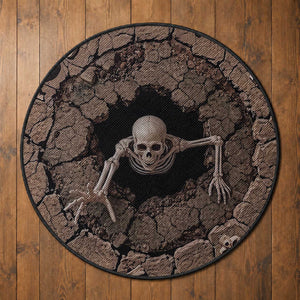Skeleton Emerging From Cracked Earth Pit 3D Optical Illusion Round Rug Spooky Halloween Gothic Horror Graphic