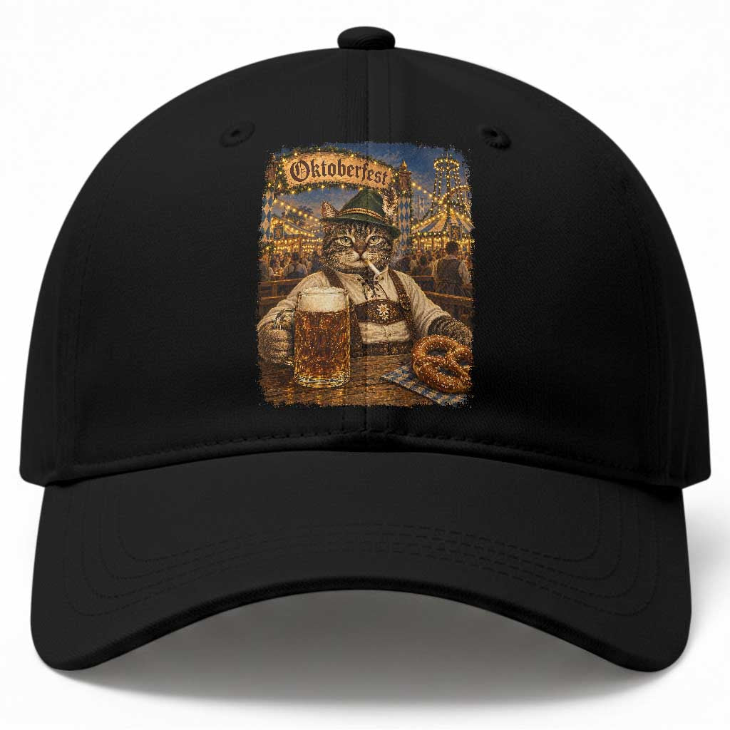 Vintage Oktoberfest Cat Drinking Beer Pretzel Lederhosen Graphic Baseball Cap Cool Bavarian Kitten German Heritage