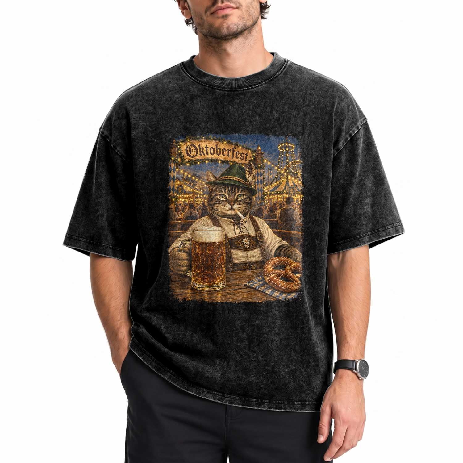 Vintage Oktoberfest Cat Drinking Beer Pretzel Lederhosen Graphic Washed Cotton T-Shirt Cool Bavarian Kitten German Heritage