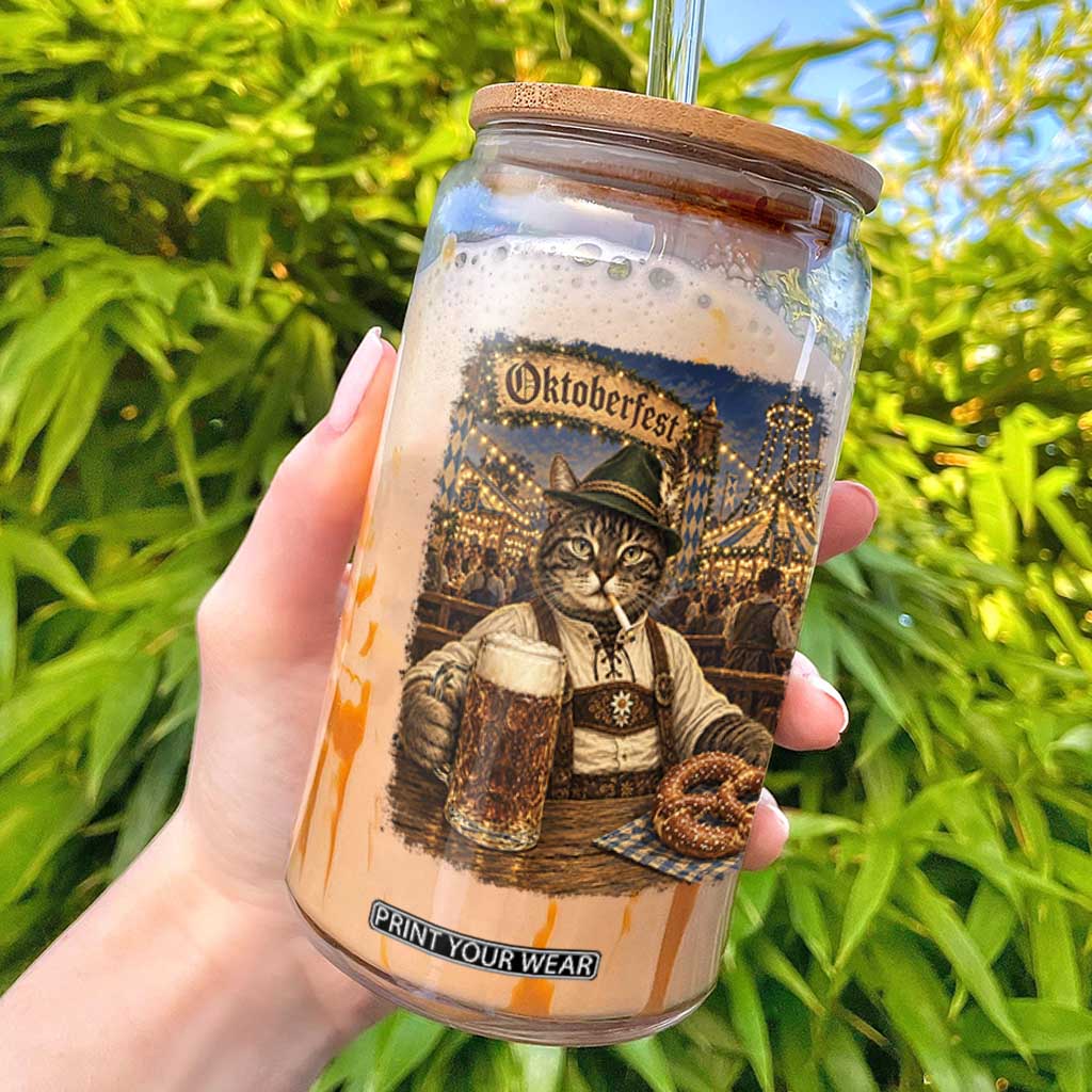 Vintage Oktoberfest Cat Drinking Beer Pretzel Lederhosen Graphic Glass Can Cool Bavarian Kitten German Heritage