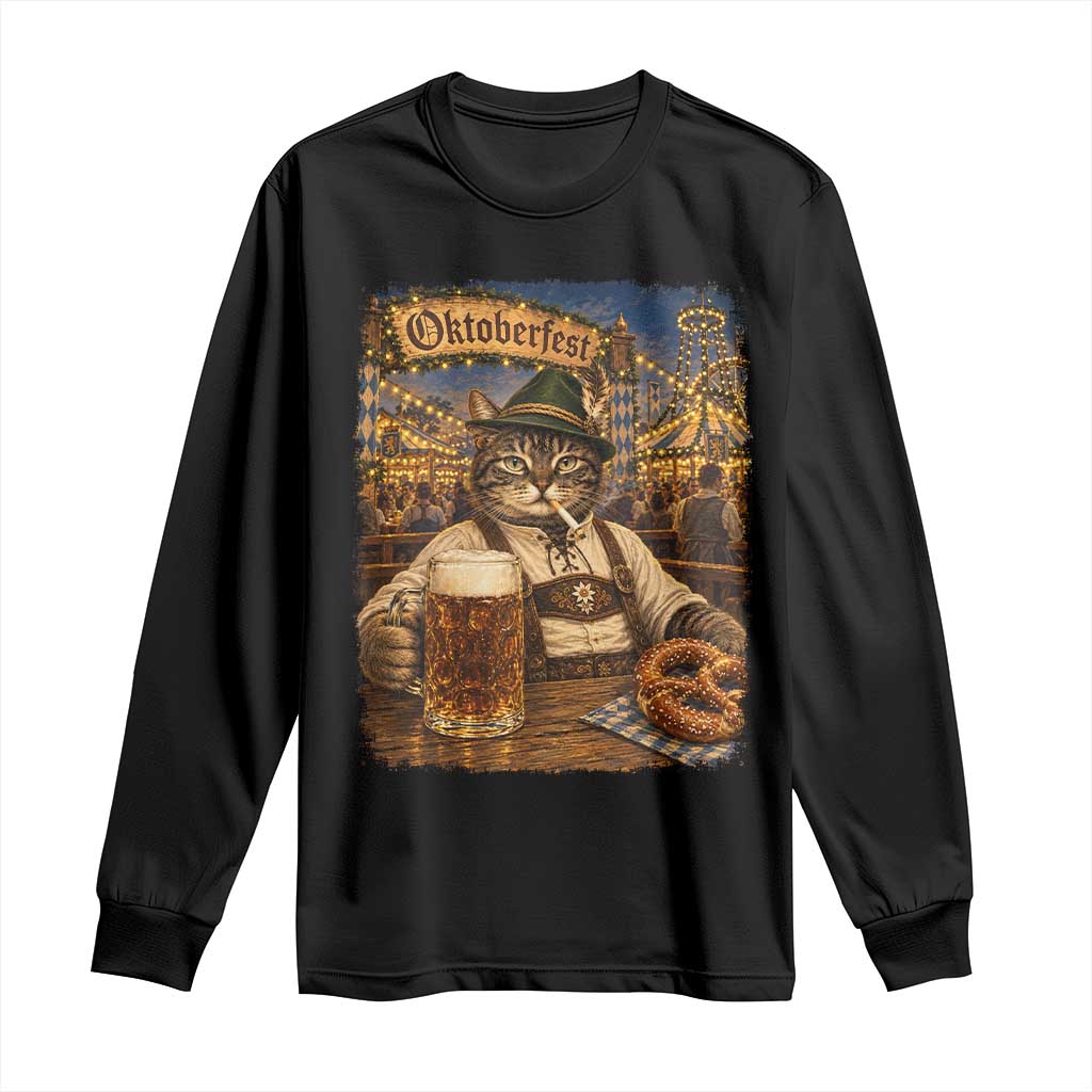 Vintage Oktoberfest Cat Drinking Beer Pretzel Lederhosen Graphic Long Sleeve Shirt Cool Bavarian Kitten German Heritage